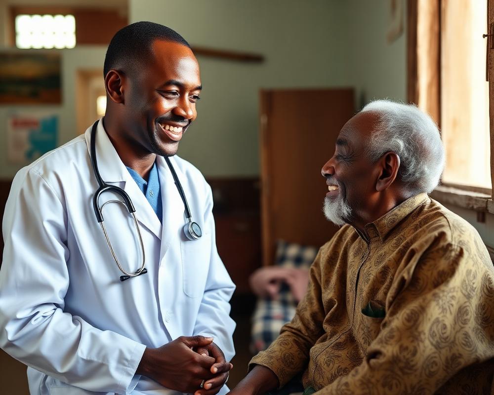 A Nigerian doctor smiling with a patient during a community health visit.