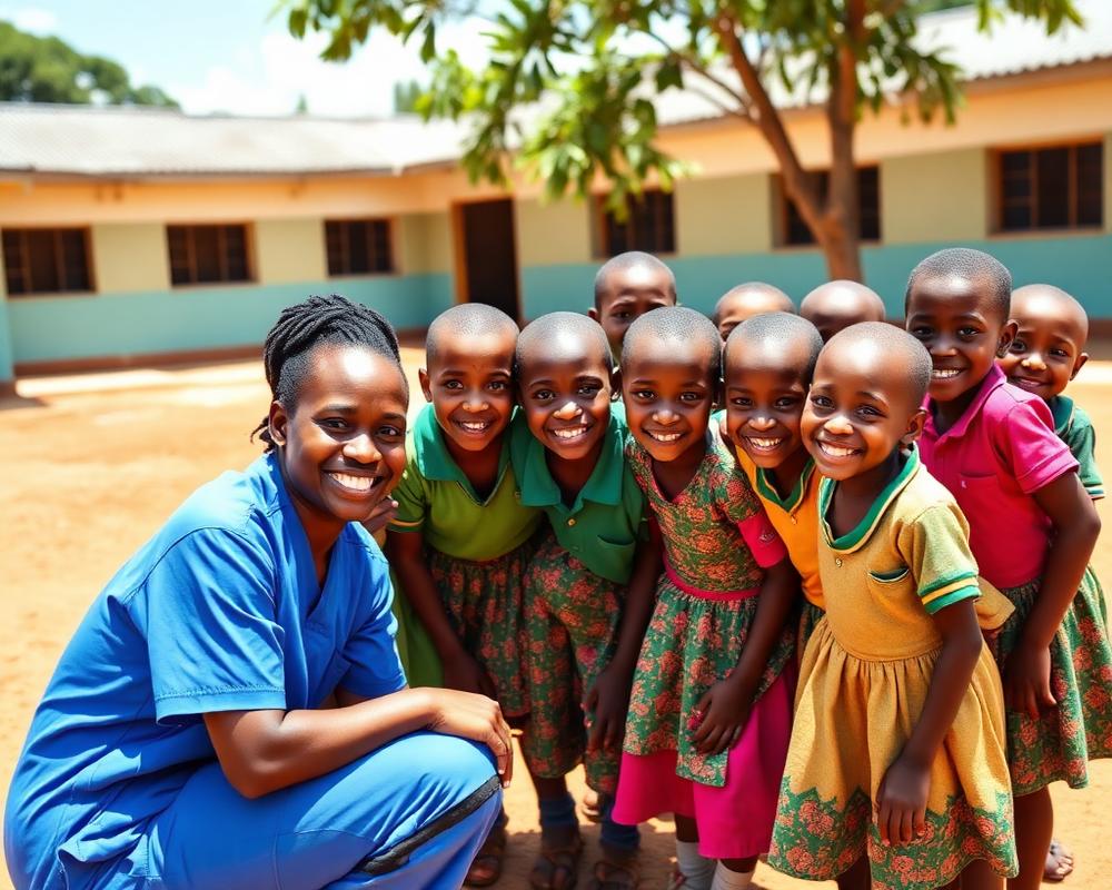 Nigerian children smiling together in a schoolyard during a community health outreach.
